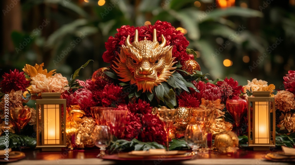 Fototapeta premium Golden Dragon Mask Centerpiece with Red and Gold Flowers