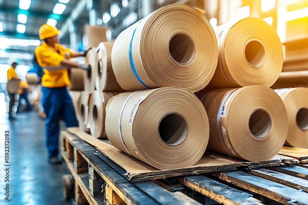 Fototapeta premium Close-up view of stacked paper rolls in a factory setting, a worker in yellow safety gear is seen in the background