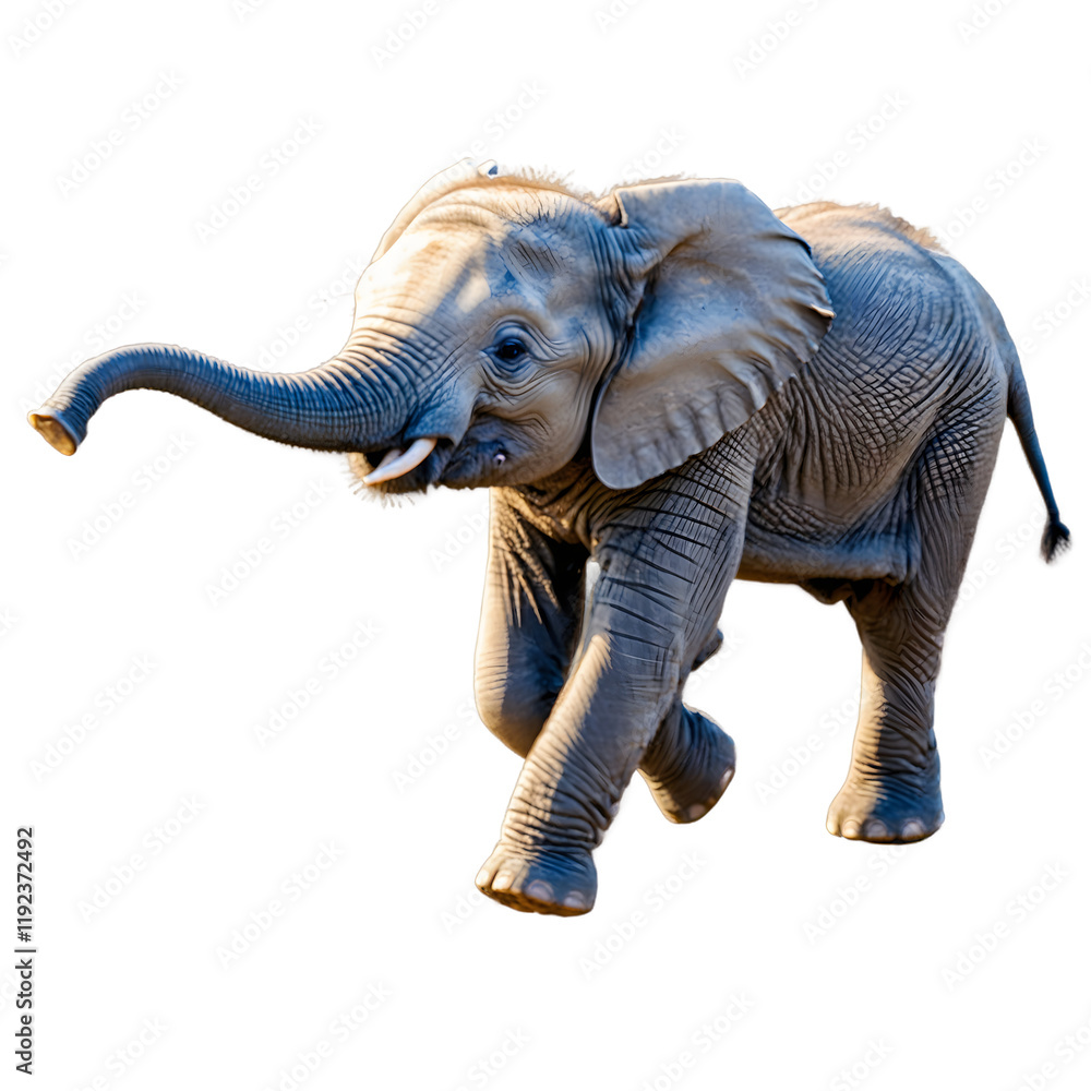 Fototapeta premium Adorable baby elephant joyfully jumping in mid air showcasing playfulness and charm on a pure white background