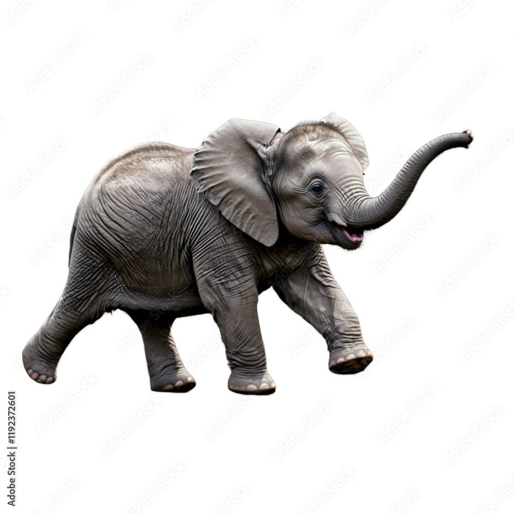 Obraz premium Dynamic Baby Elephant Jumping Against a White Background Perfect for Childrens Educational Materials