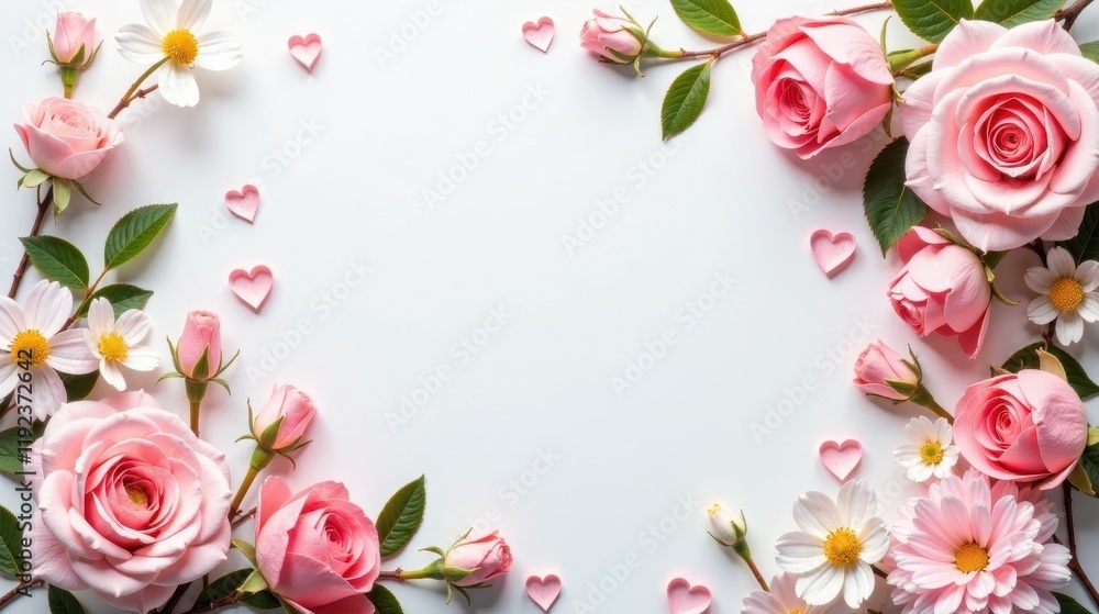 Delicate Pink Roses and Daisies Frame a White Background with Small Hearts Delicate Pink Roses and Daisies Frame a White Background with Small Hearts