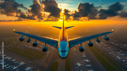 Airplane taking off at sunset above a busy airport with a breathtaking sky and distant aircraft photo