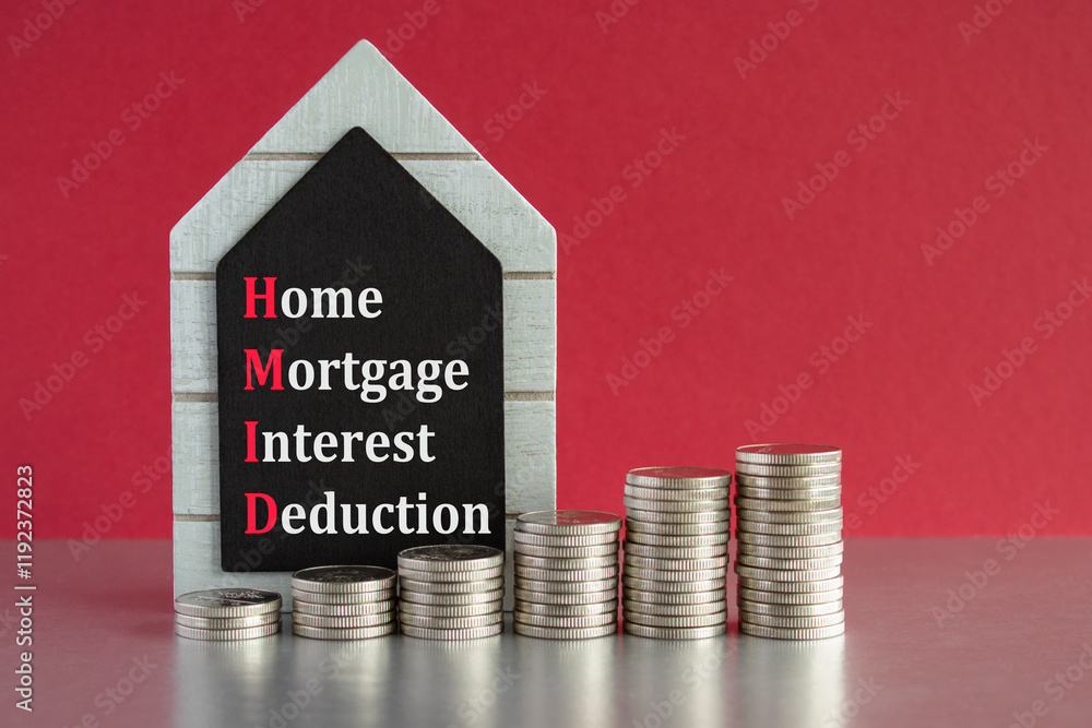 Home mortgage interest deduction symbol. Concept words Home mortgage interest deduction written on a black board. Silver coins arranged in a graph in front. Red background, grey table.