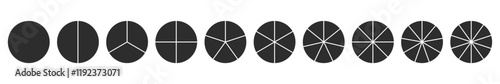 Wheel diagram divided from 1 to 10 parts silhouette, Pie chart infographic circle divided into pizza or pie segments, Vector flat icons.