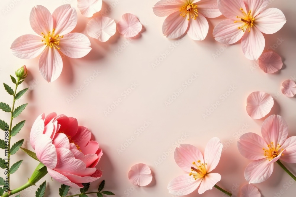 Fototapeta premium Delicate Pink Blossoms and Petals Arranged in a Frame on a Soft Peach Background