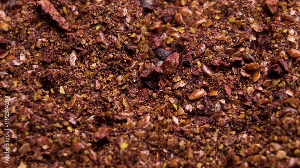 Pile of baking sprinkles from organic cocoa, chocolate pieces with flax seeds. Raw sweet topping ingredients. Macro. Top view. Rotation Pile of baking sprinkles from organic cocoa, chocolate pieces with flax seeds. Raw sweet topping ingredients. Macro. Top view. Rotation