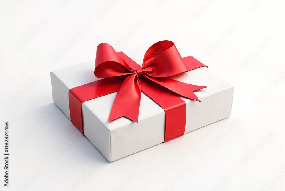 Obraz premium A beautifully wrapped gift box tied with a luxurious red ribbon, perfect for Valentine’s Day or International Women’s Day. Elegant Gift Wrapped with Love.