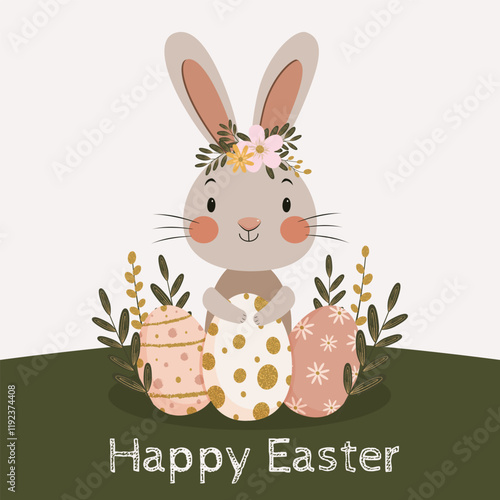 Easter card Happy Easter, cute bunny, painted eggs, vector illustration
