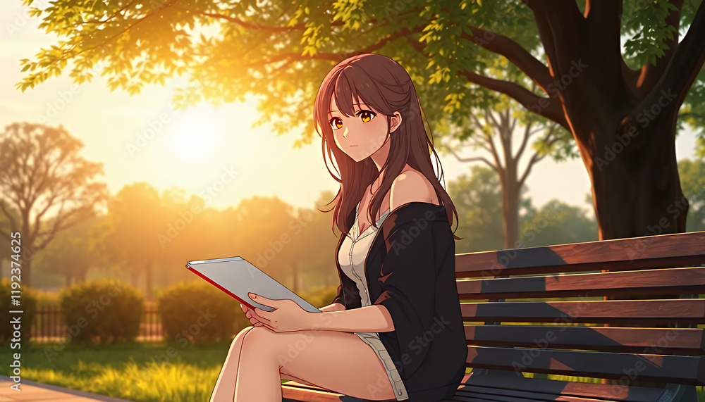 Obraz premium Serene Anime Girl Reading a Book on a Park Bench at Sunset with