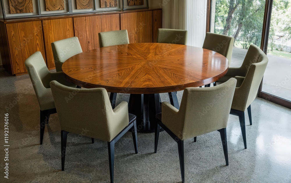 Generative AI, Modern dining space with walnut table and natural textures Generative AI, Modern dining space with walnut table and natural textures