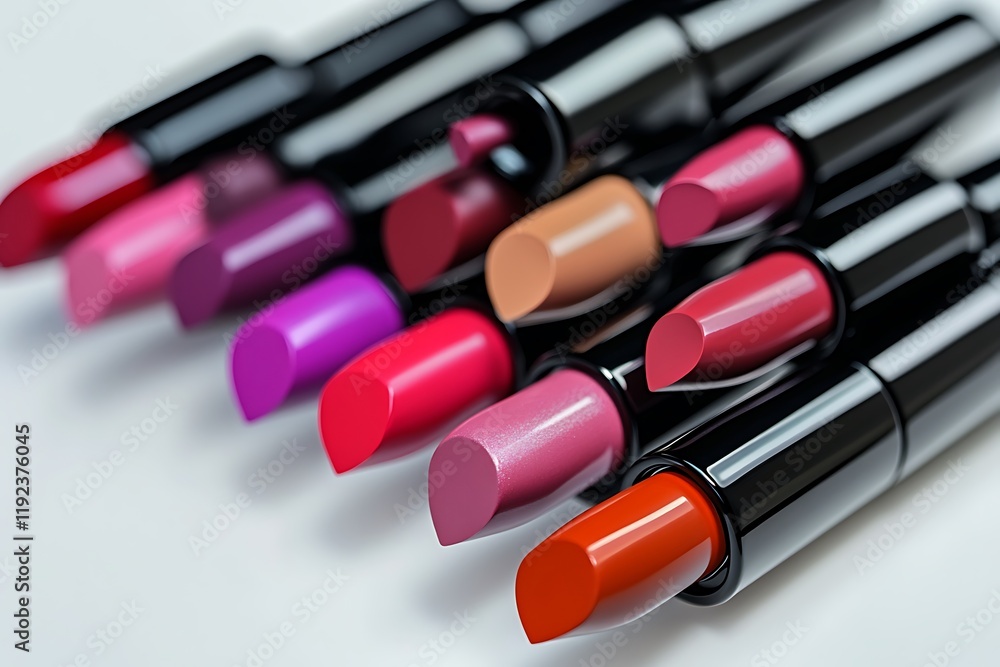 Lipsticks in a variety of vibrant colors and sleek designs, isolated on a white background, emphasizing the glossy finishes and unique shapes. Lipsticks in a variety of vibrant colors and sleek designs, isolated on a white background, emphasizing the glossy finishes and unique shapes.
