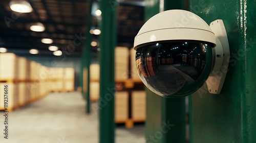 A surveillance camera is mounted on a green column, overlooking a spacious warehouse filled with wooden storage crates in the background. photo