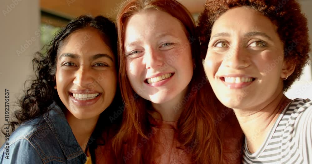 Posing and smiling, diverse female friends enjoying time together indoors Posing and smiling, diverse female friends enjoying time together indoors
