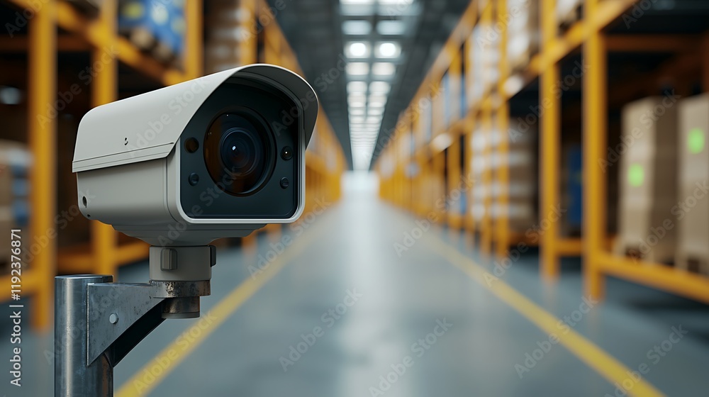 A surveillance camera monitors an aisle in a warehouse, highlighting security and organization amidst shelves filled with boxes. A surveillance camera monitors an aisle in a warehouse, highlighting security and organization amidst shelves filled with boxes.