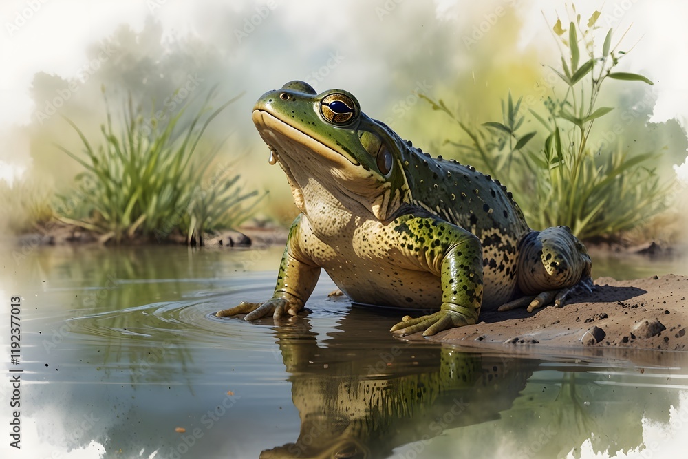 Bullfrog calling in the wild in watercolor style Bullfrog calling in the wild in watercolor style