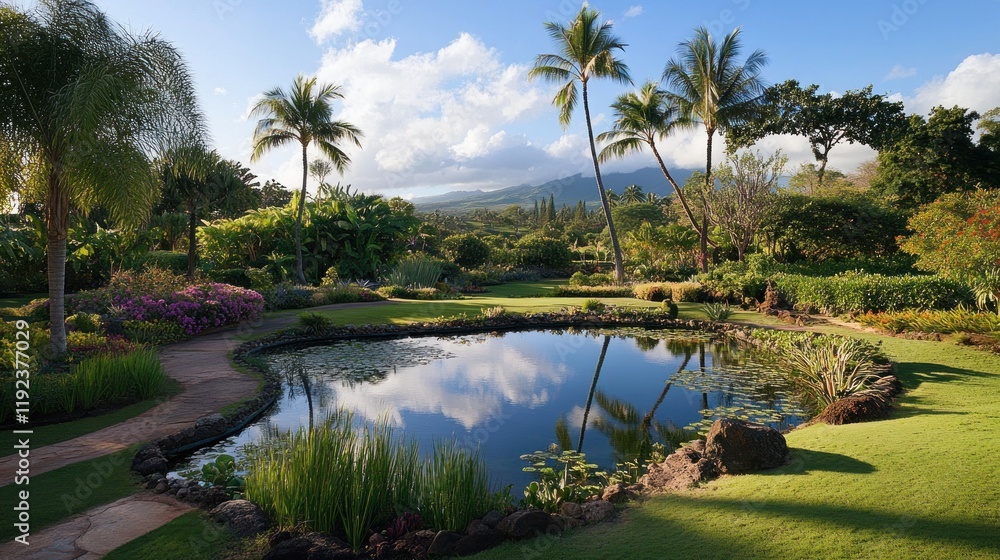 Serene Tropical Garden with Pond Reflection Serene Tropical Garden with Pond Reflection