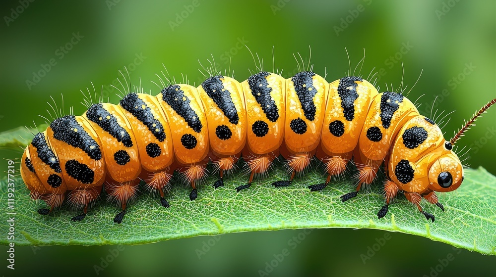 Orange Black Striped Caterpillar Crawls On Green Leaf Orange Black Striped Caterpillar Crawls On Green Leaf