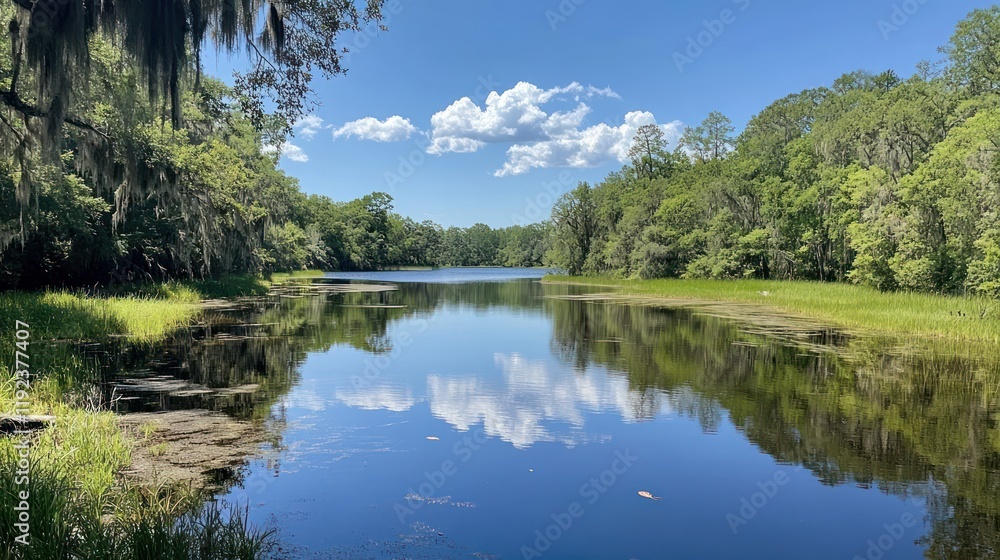 Serene Lake Reflection in Lush Green Forest Serene Lake Reflection in Lush Green Forest