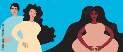 Couple with BIPOS surrogate pregnant woman as in vitro fertilization concept, flat vector stock illustration with IVF