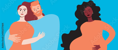 Couple with BIPOS surrogate pregnant woman as family planning and in vitro fertilization concept, flat vector stock illustration with IVF