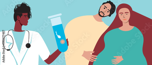 Couple with pregnant woman as family planning and in vitro fertilization concept, flat vector stock illustration with doctor for IVF