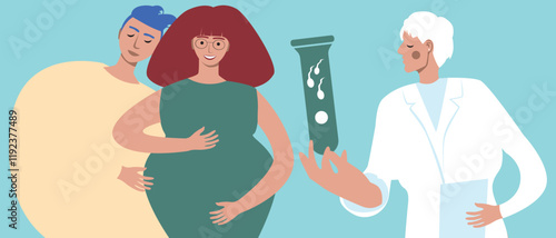Couple with pregnant woman, in vitro fertilization assisted pregnancy, flat vector stock illustration, family consultation with doctor for IVF