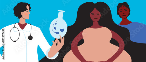 Couple with pregnant BIPOS woman as family planning concept, in vitro fertilization assisted pregnancy, flat vector stock illustration with doctor for IVF