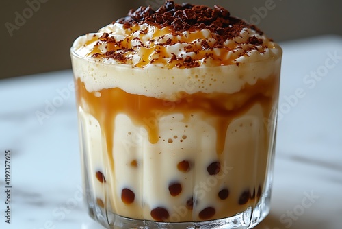 Creamy Caramel Coffee Boba Drink With Whipped Cream photo