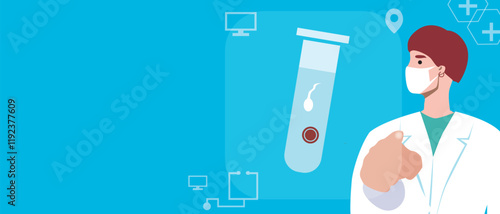 Fertility doctor with IVF test tube, flat vector stock illustration or copy space template with doctor and touchscreen screen with in vitro fertilization