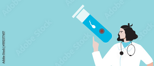 Doctor with IVF test tube, flat vector stock illustration or copy space template and touchscreen touchscreen with egg and sperm