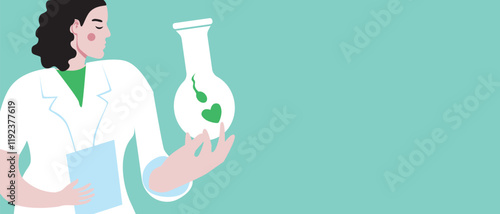 Doctor with IVF test tube, flat vector stock illustration or copy space template with egg and sperm