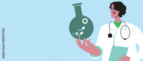 Doctor with test tube for ivf as fertility assistance concept, flat vector stock illustration or copy space template with egg and sperm