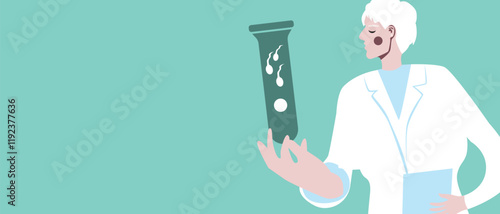 Doctor with test tube for ivf as reproductive medicine concept, flat vector stock illustration or copy space template with egg and sperm