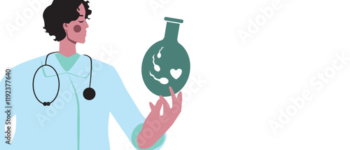 Gynecologist doctor with IVF test tube, flat vector stock illustration or copy space template with egg and sperm
