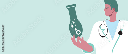 Doctor gynecologist or reproductive specialist with test tube for ivf, flat vector stock illustration or copy space template with egg and sperm