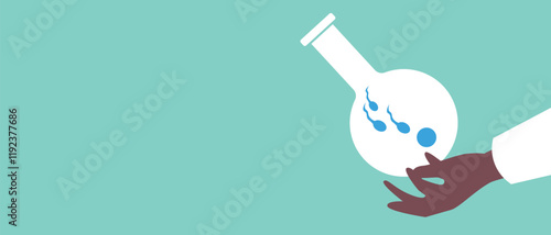 BIPOS doctor's hand with ivf test tube, flat vector stock illustration or copy space template with place for text with egg and sperm
