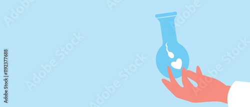 Doctor's hand with test tube for ivf, flat vector stock illustration or copy space template with space for text with egg and sperm
