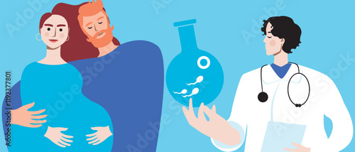 Joyful couple with pregnant woman, in vitro fertilization assisted pregnancy, flat vector stock illustration, family consultation with doctor for IVF