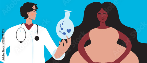 Joyful BIPOS pregnant woman with black skin as a concept of family planning through in vitro fertilization, flat vector stock illustration, consultation with doctor for IVF