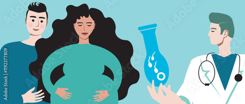 Married couple with pregnant woman as family planning and in vitro fertilization concept, flat vector stock illustration with doctor for IVF