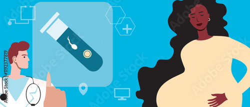 Pregnant BIPOS woman as a concept of family planning using in vitro fertilization, flat vector stock illustration, technological consultation with a doctor with touchscreen technologies for IVF