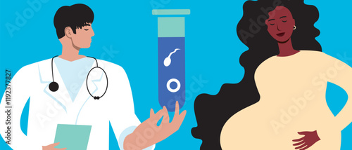 Pregnant BIPOS woman as a concept of family planning using in vitro fertilization, flat vector stock illustration, consultation with a doctor about donor sperm for IVF