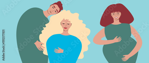 Married couple with surrogate pregnant woman as family planning and in vitro fertilization concept, flat vector stock illustration with IVF