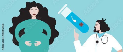 Pregnant woman as a concept of planning a family using in vitro fertilization, flat vector stock illustration, consultation with a gynecologist for IVF
