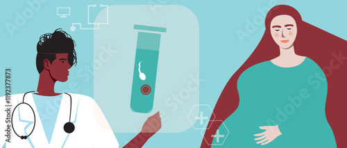 Pregnant woman as a concept of planning a family using in vitro fertilization, flat vector stock illustration, online technological consultation with a doctor for IVF