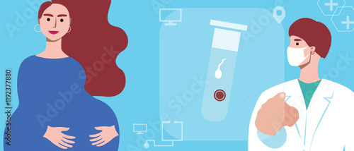 Pregnant woman or single mother as a concept of family planning using in vitro fertilization, flat vector stock illustration, technology consultation with doctor for IVF