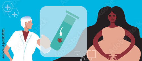 Pregnant woman or BIPOS single mother as a family planning concept using in vitro fertilization, flat vector stock illustration, technology consultation with doctor for IVF