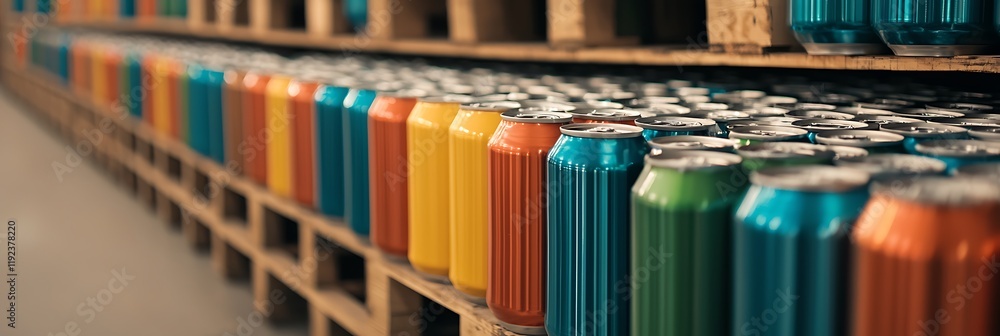 A vibrant display of colorful cans stacked neatly on wooden pallets, showcasing a variety of beverages in a warehouse setting. A vibrant display of colorful cans stacked neatly on wooden pallets, showcasing a variety of beverages in a warehouse setting.