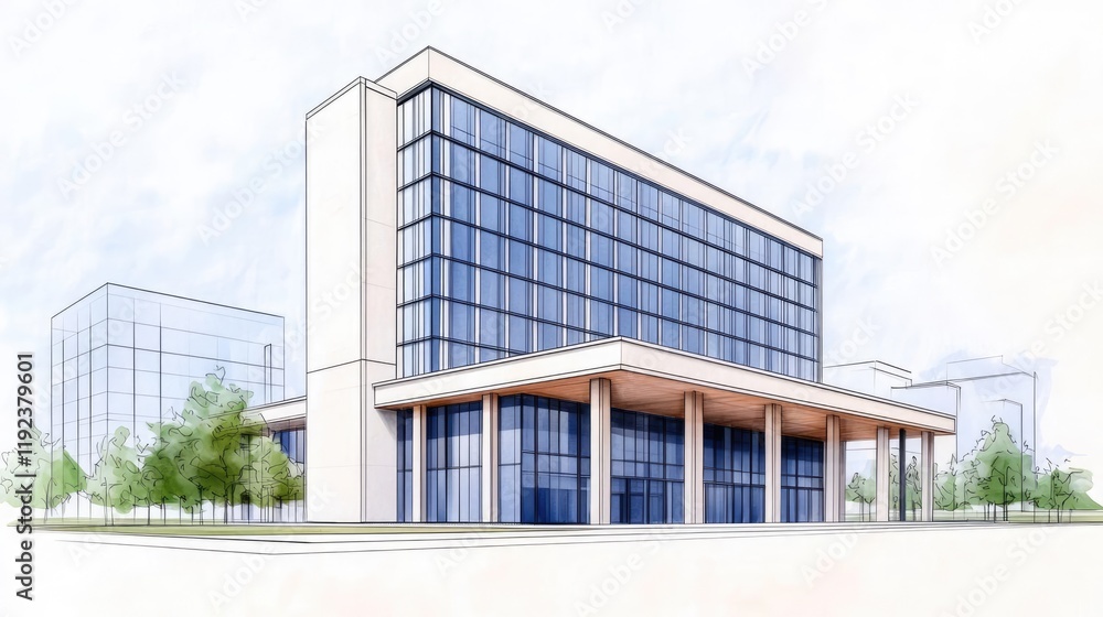 Architect project concept. Modern architectural design of a multi-story office building with large glass windows. Architect project concept. Modern architectural design of a multi-story office building with large glass windows.