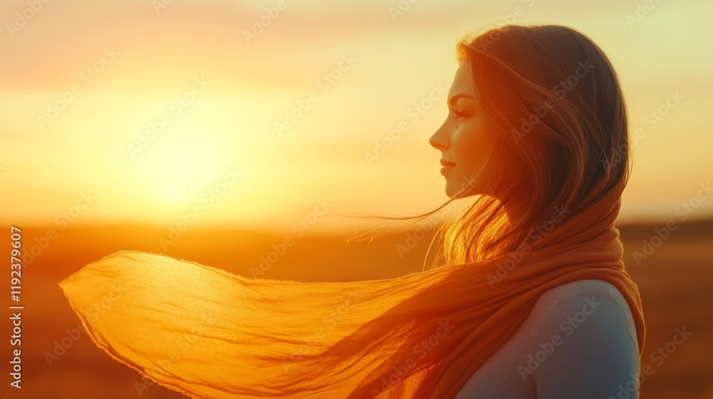 A woman stands in profile with a flowing scarf as a vibrant sunset casts warm light, symbolizing women's empowerment A woman stands in profile with a flowing scarf as a vibrant sunset casts warm light, symbolizing women's empowerment